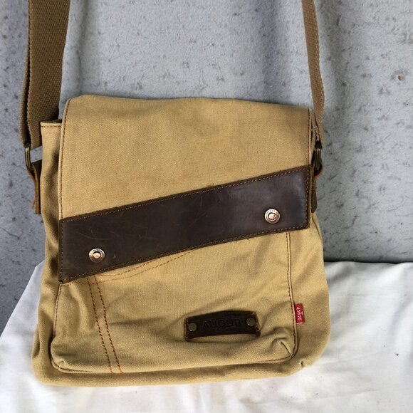 Augur Other - AUGUR Messenger Bag Mens Medium Beige Canvas Leather Crossbody Shoulder Casual